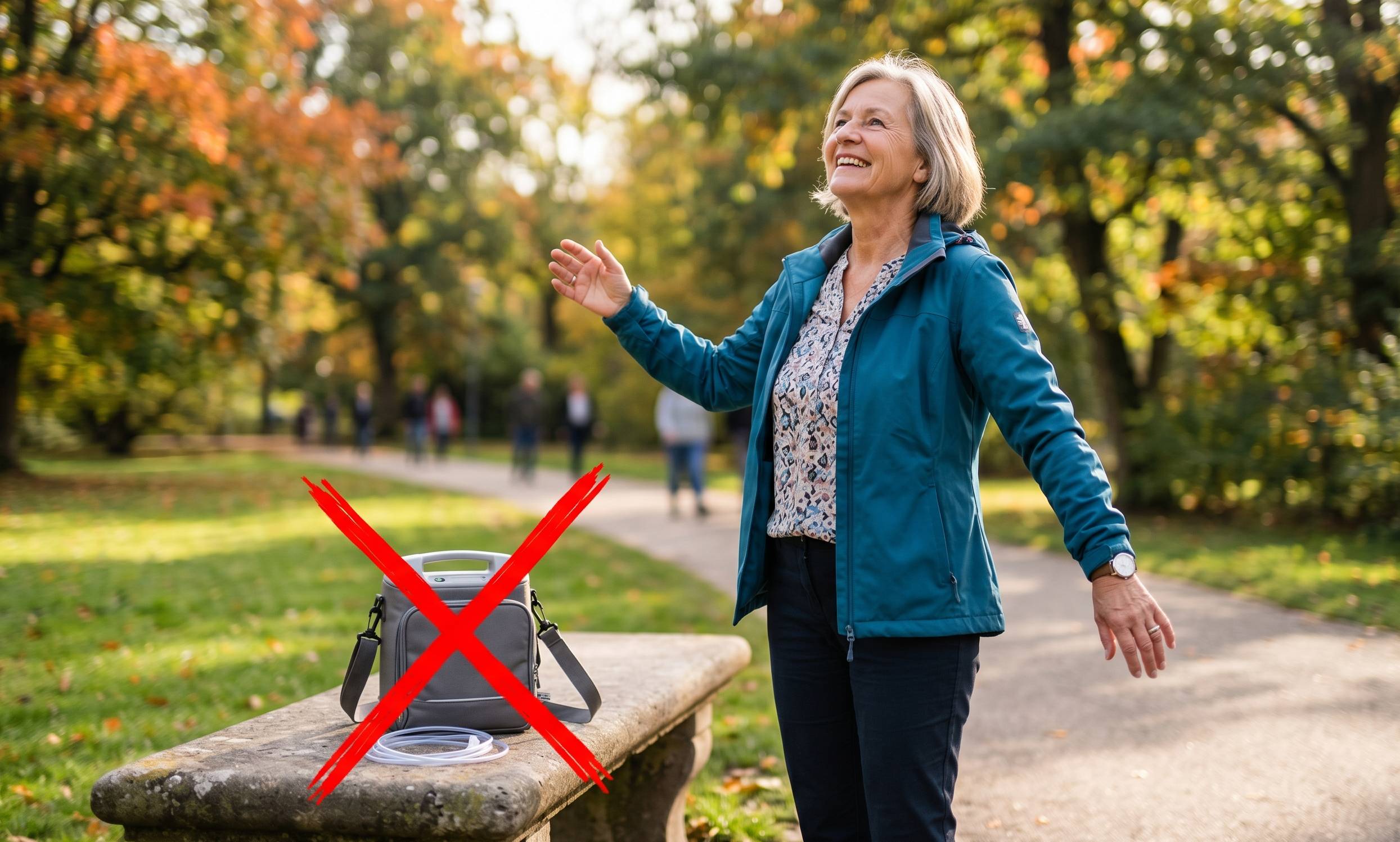 Zufriedene Frau mit mobilem Sauerstoffgerät