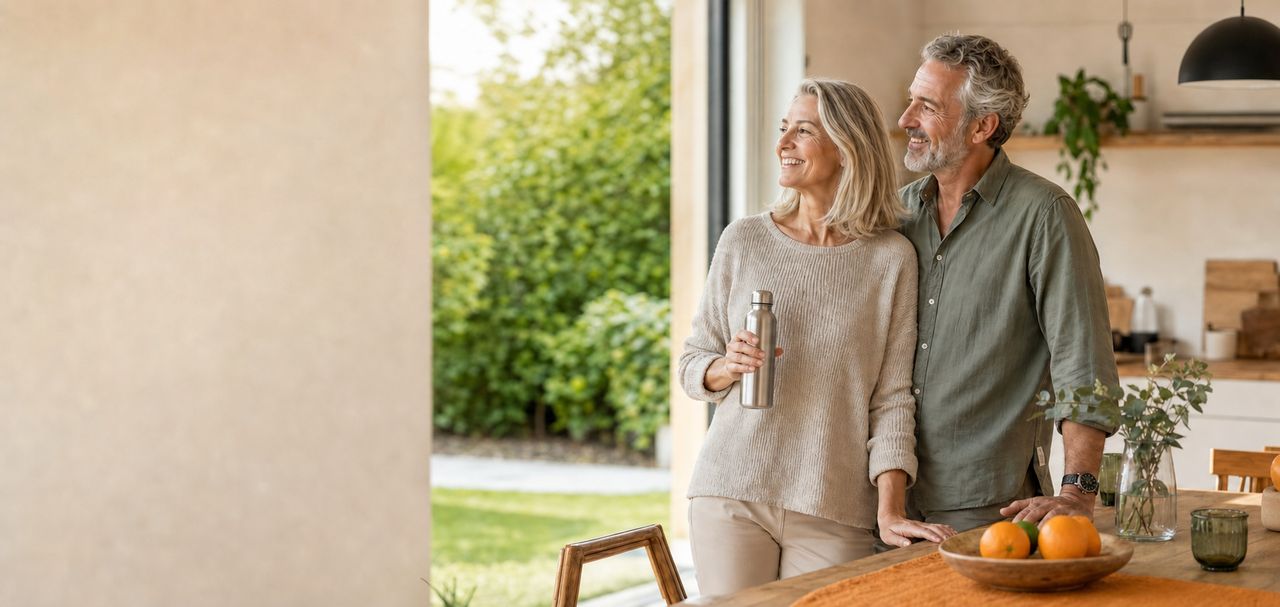 Active mature couple with a stainless steel bottle in a bright home